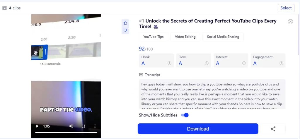 output of clipping a YouTube video with GStory AI clip maker
