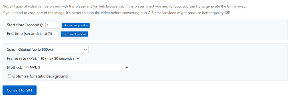 turn video to gif: setting interface after uploading