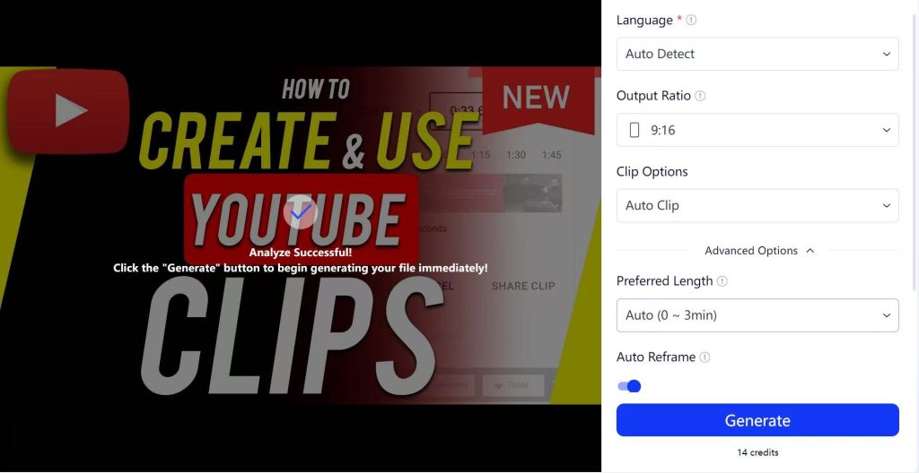 Settings for advanced options before clipping a YouTube video with GStory