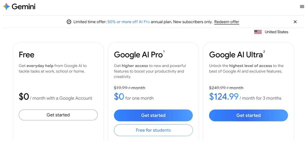 google AI subscription pricing page