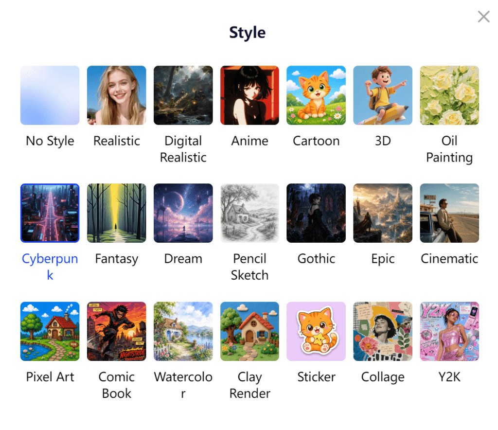 GStory AI image generator built-in styles