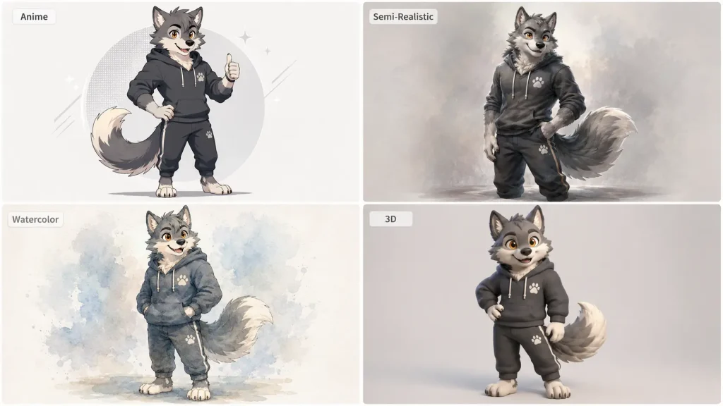 wolf fursona with 4 styles
